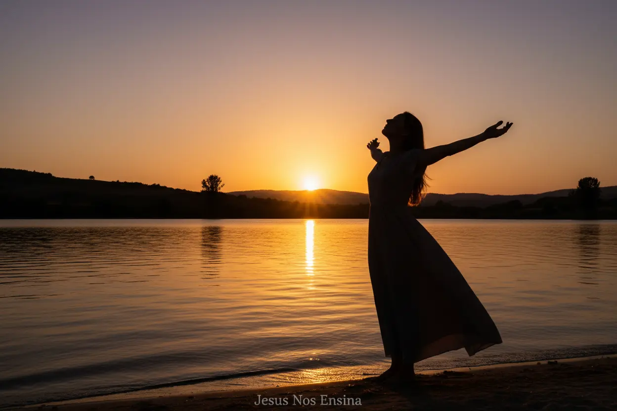 Mulher com Propósito: Liberdade em Cristo Mulher confiante à beira do lago ao pôr do sol, celebrando sua identidade em Cristo.