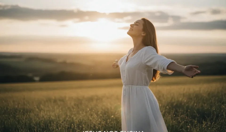 Mulher serena em campo, simbolizando a identidade da mulher em Cristo.