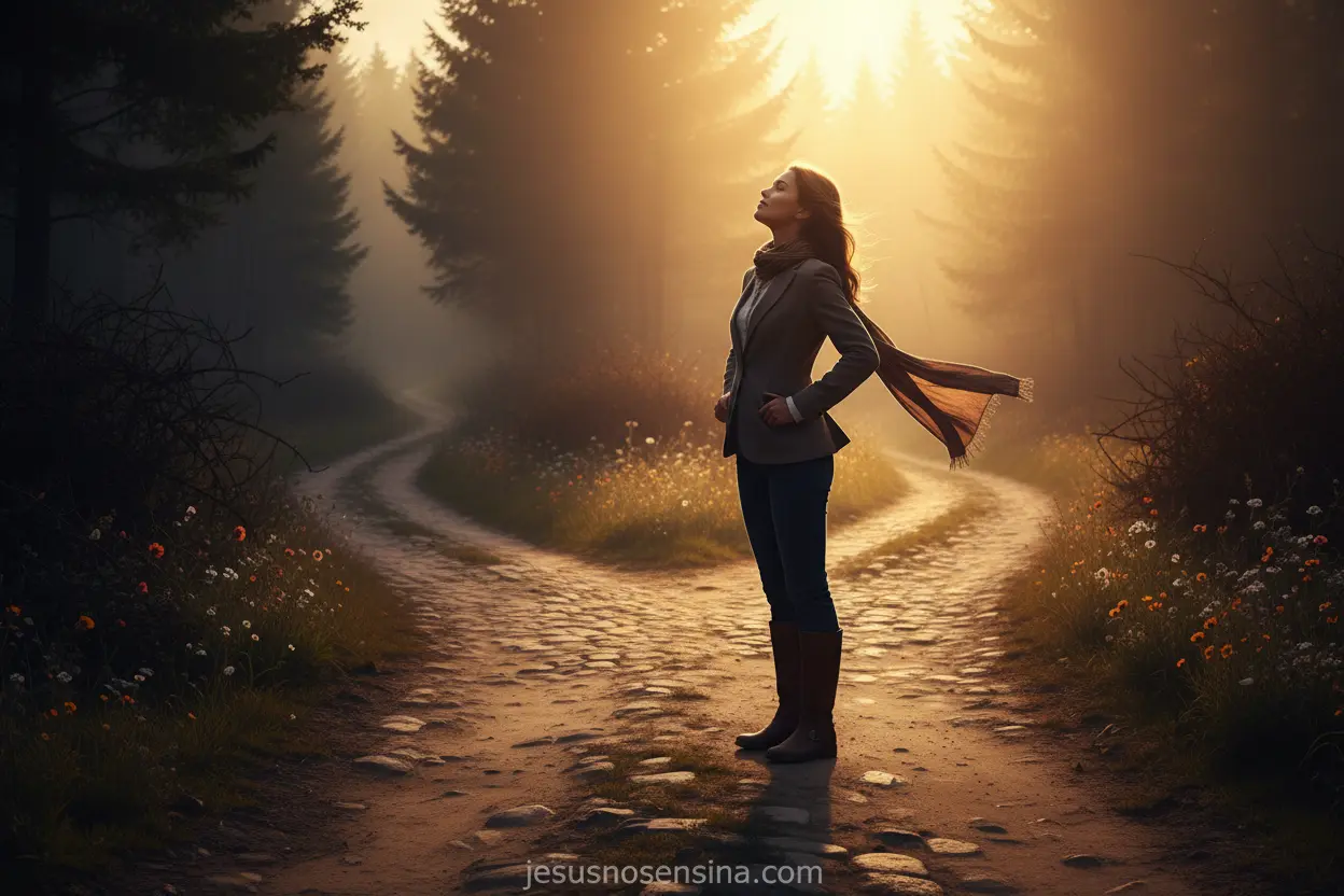 Nova Direção em Cristo Pessoa em encruzilhada escolhendo um caminho iluminado, representando a nova vida em Cristo.