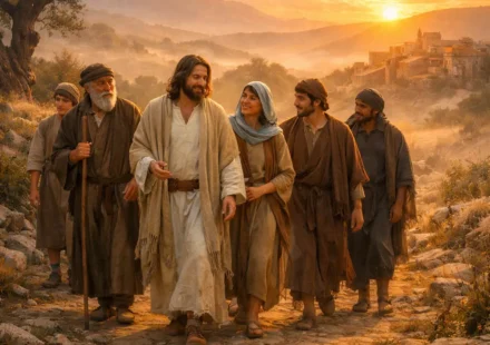 Jesus caminhando com seus discípulos, representando o significado bíblico do discipulado cristão