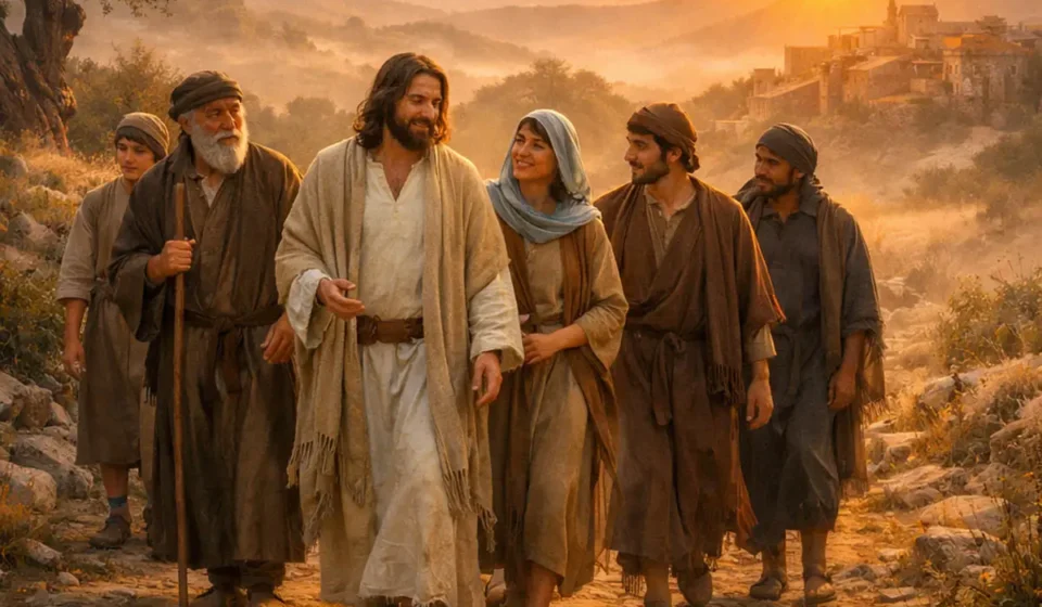 Jesus caminhando com seus discípulos, representando o significado bíblico do discipulado cristão