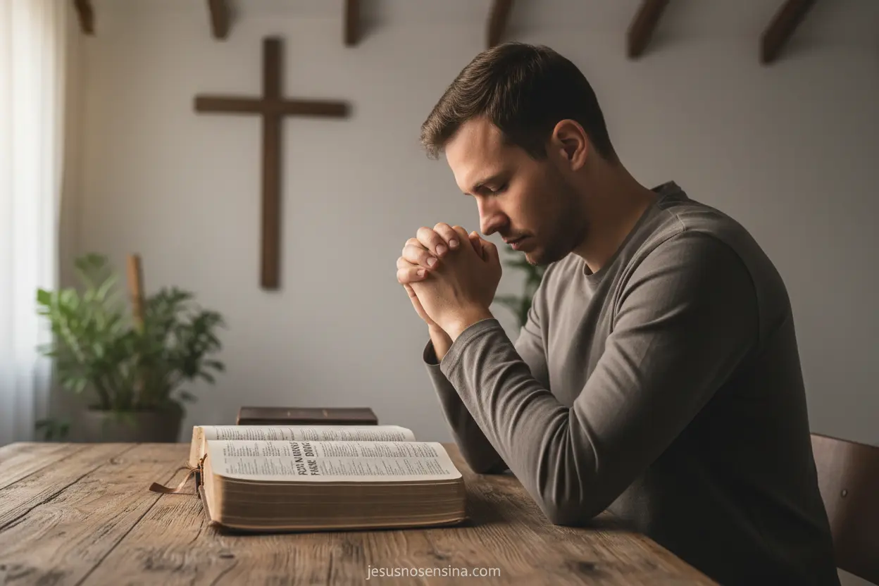 Oração e Poder Pós-Batismo Pessoa orando com Bíblia, após o batismo.