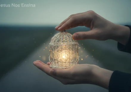 Orgulho Espiritual: A Prisão Invisível que Afasta de Deus Imagem de mãos segurando uma prisão sutil, representando o orgulho espiritual como prisão invisível.