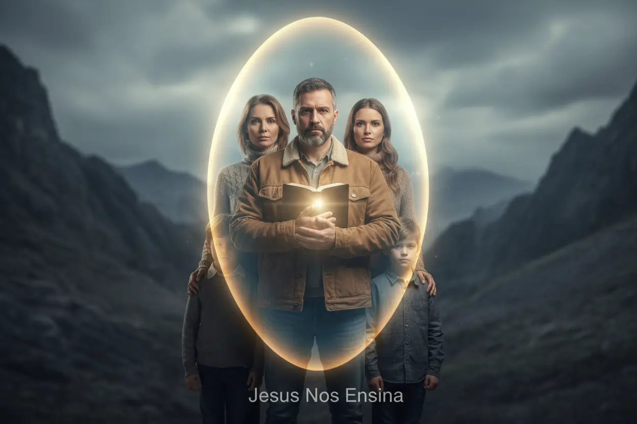 Pai Protegendo a Família Pai com Bíblia protegendo a família espiritualmente, com um escudo de luz.