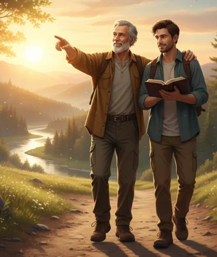 Discipulador cristão caminhando ao lado de um discípulo em jornada espiritual