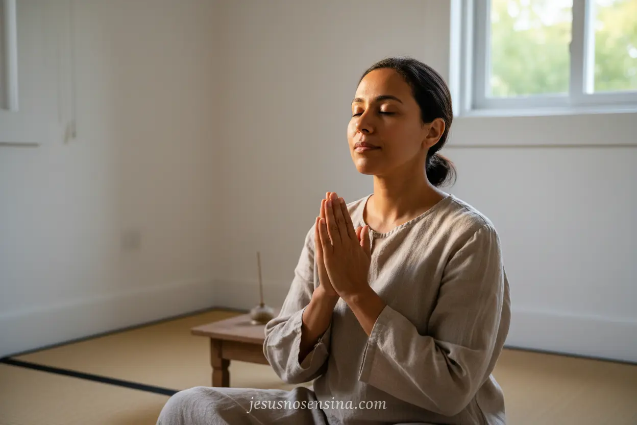 Paz e Confiança em Cristo Pessoa em oração superando insegurança espiritual