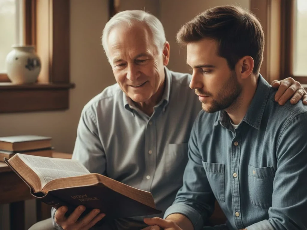 Discipulador ensinando a Bíblia com cuidado pastoral