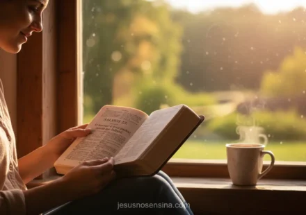 Hábitos de Quem Vive com Deus: Fundamentos para uma Fé Vibrante Mulher lendo a Bíblia em um momento de devoção matinal.