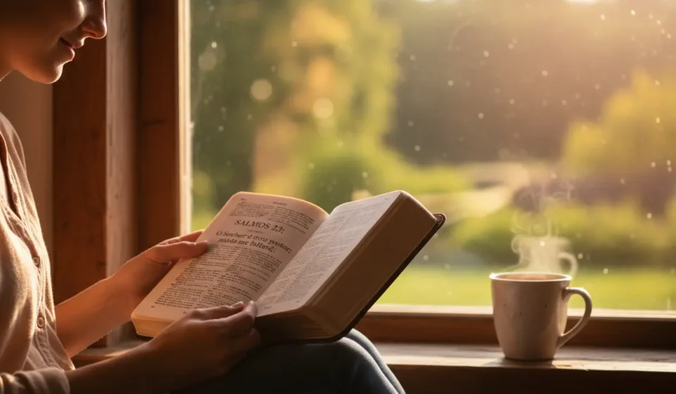 Mulher lendo a Bíblia em um momento de devoção matinal.