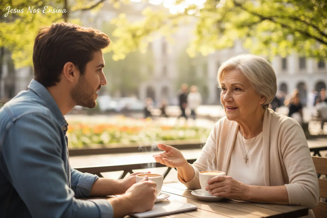 Pilares do Discipulado: Ensino e Relacionamento Mentor e discípulo em conversa profunda, exemplificando o ensino cristão.