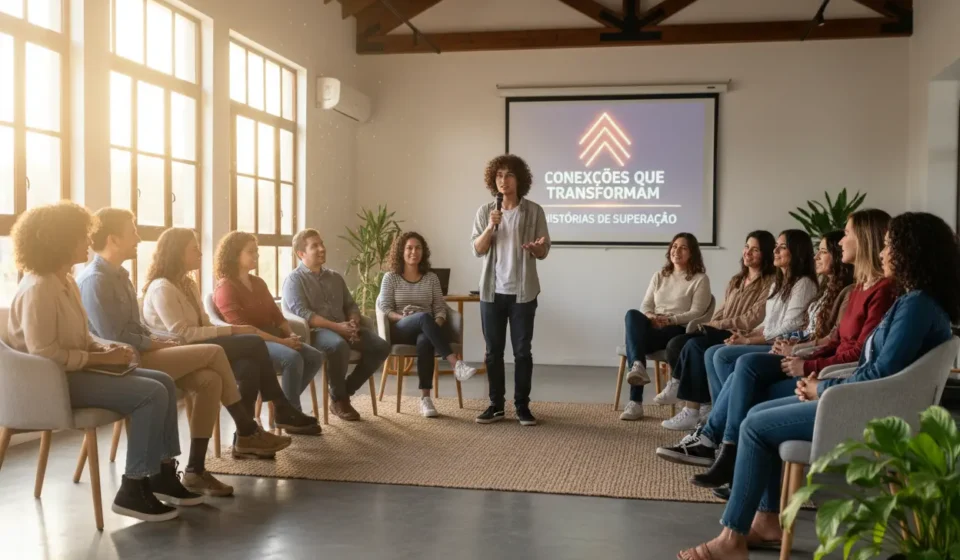 Pessoas ouvindo um testemunho cristão em um ambiente acolhedor.