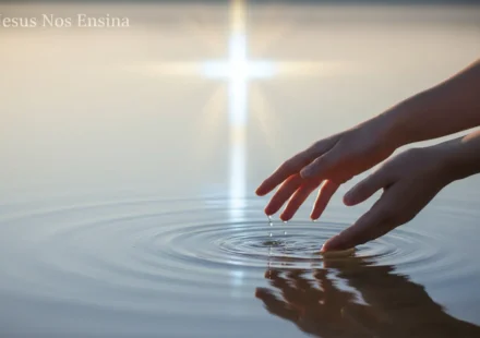 Mãos tocando água calma, simbolizando a reflexão sobre sonhos com água.