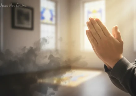 Raízes de Medo Crônico: Como a Fé em Cristo Liberta Sua Alma Mãos em oração com luz dissipando a sombra do medo crônico.