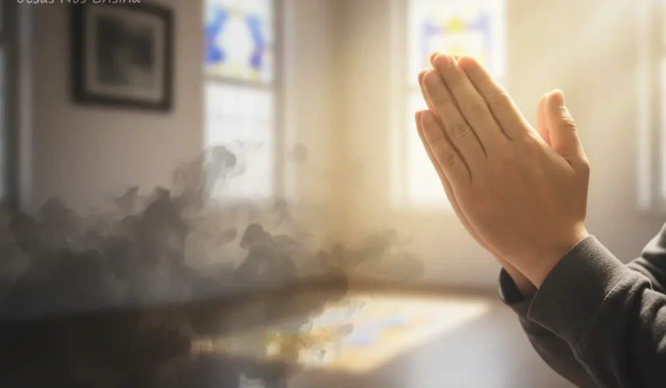 Raízes de Medo Crônico: Como a Fé em Cristo Liberta Sua Alma Mãos em oração com luz dissipando a sombra do medo crônico.