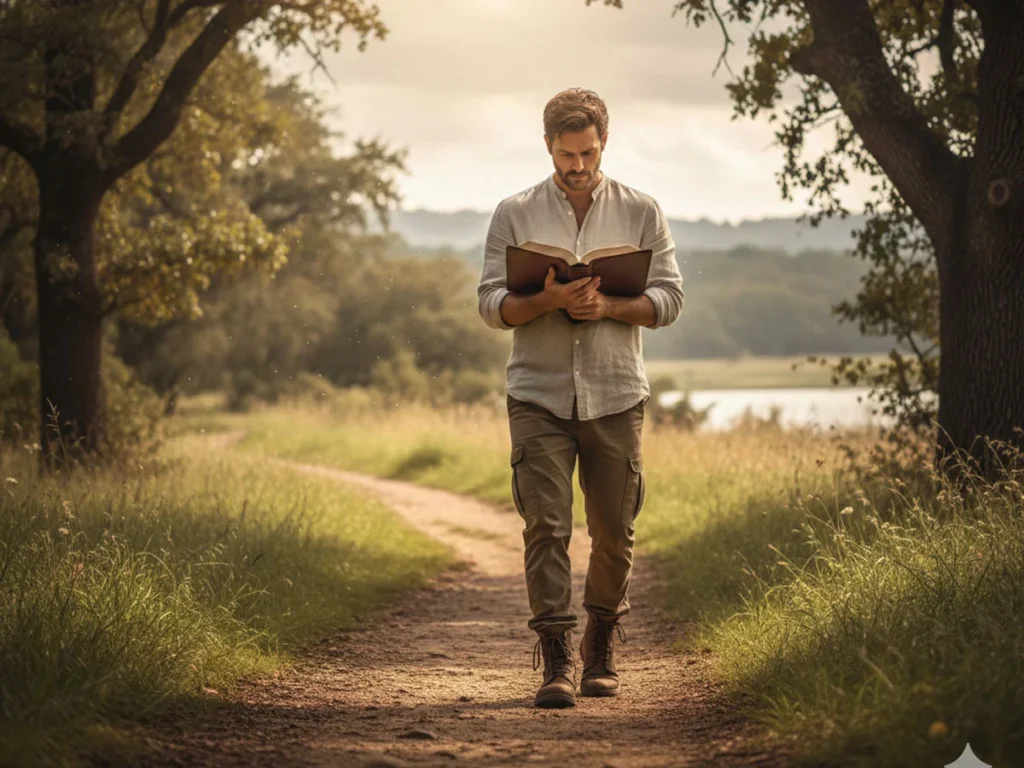 Pessoa lendo a Bíblia enquanto caminha, representando discipulado contínuo