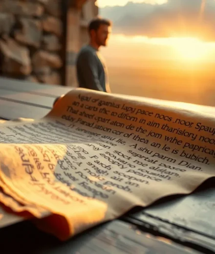 Antigo pergaminho com genealogias, luz divina e silhueta de Adão.