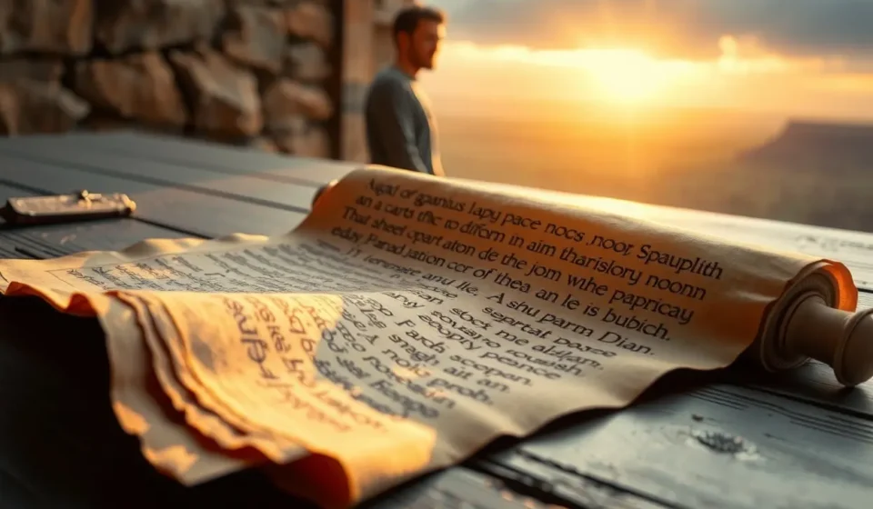 Antigo pergaminho com genealogias, luz divina e silhueta de Adão.