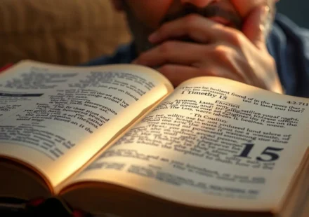 Bíblia aberta em 1 Timóteo 1:5 com luz divina