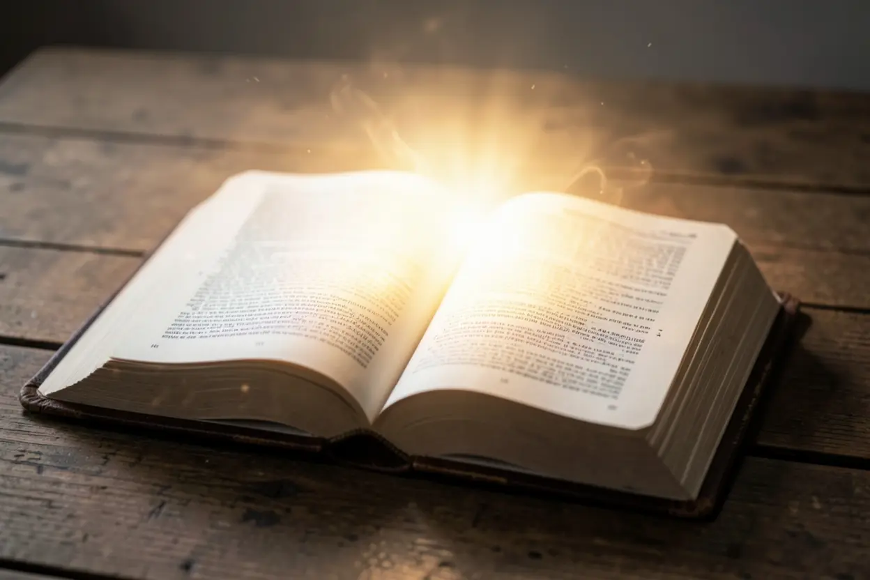 Bíblia aberta com luz divina, simbolizando a armadura da prevenção.