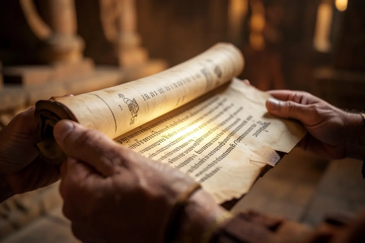 Mãos desenrolando um pergaminho antigo com luz, simbolizando a autoridade da palavra divina.