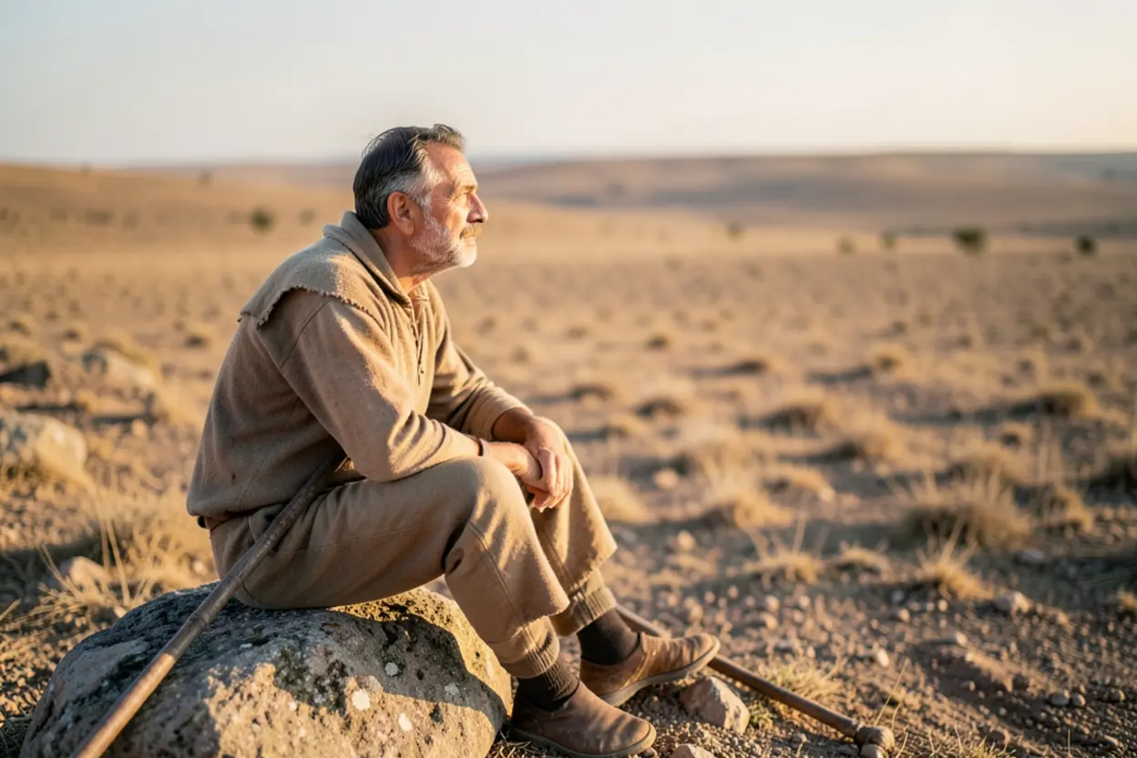 Homem com vestes de pastor, sentado em uma rocha, esperando.