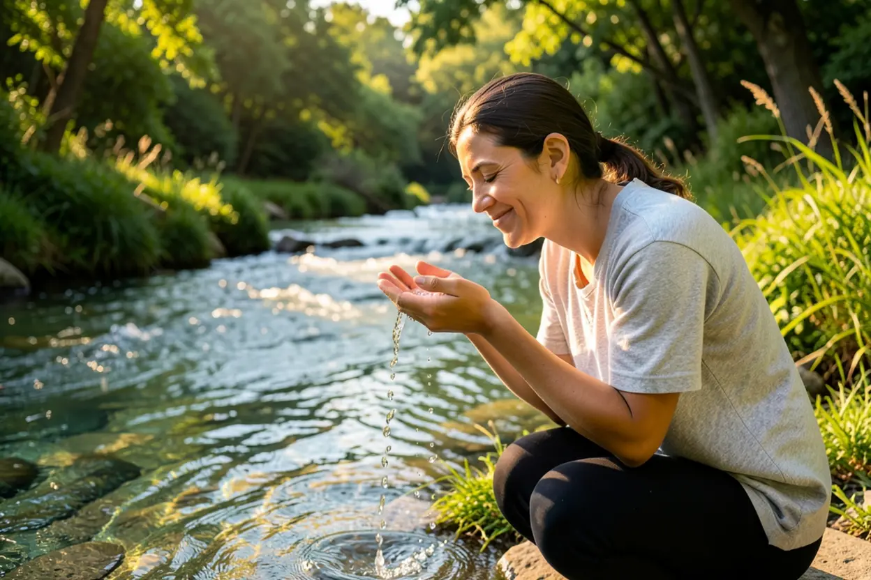 Pessoa bebendo água de um rio de águas vivas.
