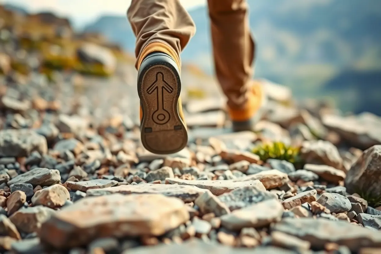 Pés de uma pessoa em uma trilha de montanha, simbolizando o mensageiro que leva boas novas.