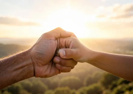 Mão de Deus segurando a mão de uma criança, simbolizando filiação e herança.