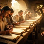Scribas israelitas escrevendo em pergaminhos, simbolizando os Livros Históricos da Bíblia.