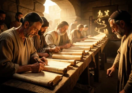 Scribas israelitas escrevendo em pergaminhos, simbolizando os Livros Históricos da Bíblia.