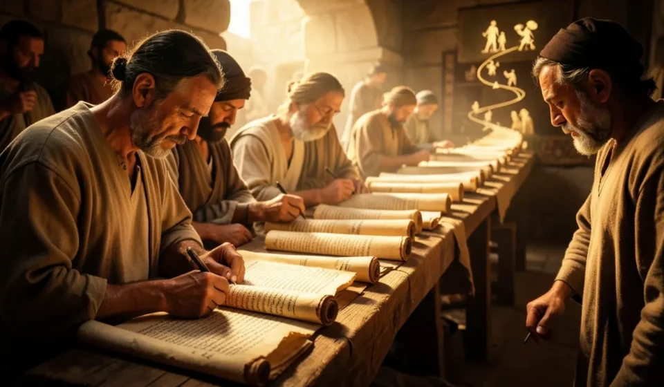 Scribas israelitas escrevendo em pergaminhos, simbolizando os Livros Históricos da Bíblia.