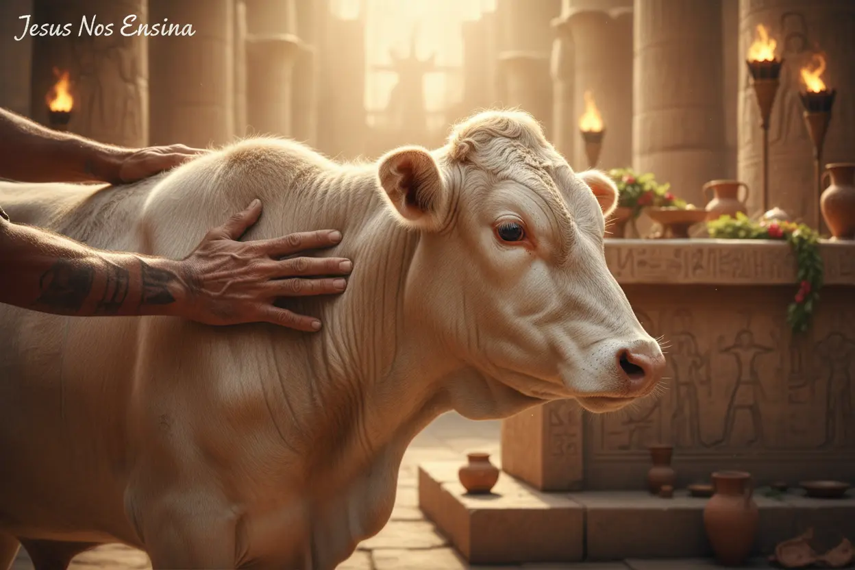 A Perfeição da Oferta Sacerdote examinando animal para holocausto sem defeito.