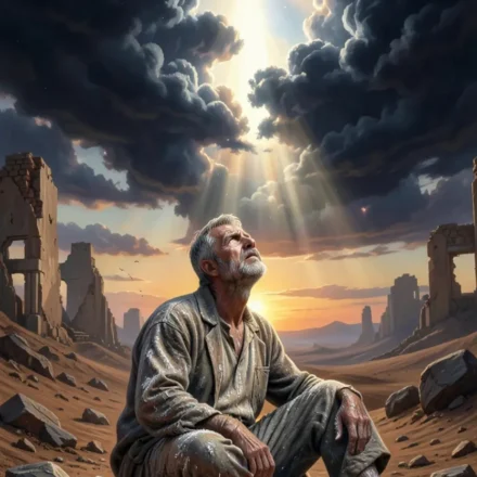 Um homem sentado em cinzas em um deserto desolado, olhando para uma tempestade celestial dramática.