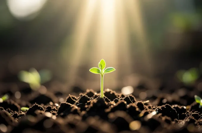 Semente de mostarda brotando com luz divina.