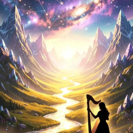 Uma paisagem surreal e dourada com um rio de luz, montanhas de cristal e a silhueta de um harpista sob um céu estrelado.