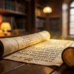 Rolo da Torá com escrita hebraica, simbolizando a unidade dos cinco livros do Pentateuco.