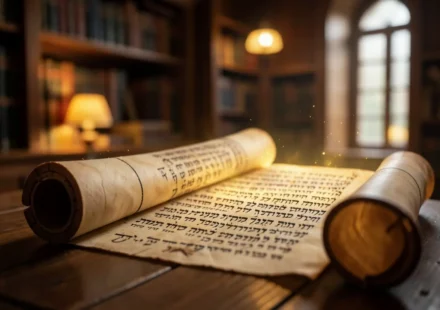 Rolo da Torá com escrita hebraica, simbolizando a unidade dos cinco livros do Pentateuco.