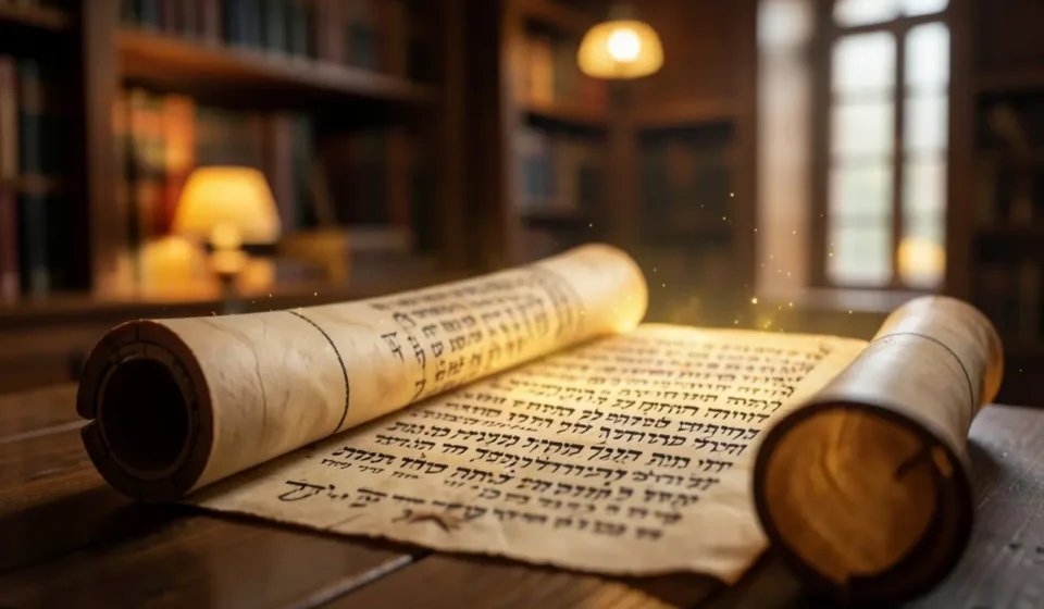 Rolo da Torá com escrita hebraica, simbolizando a unidade dos cinco livros do Pentateuco.