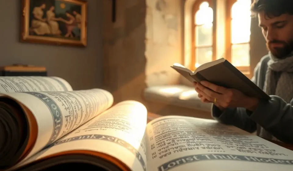 Rolos da Torá e uma pessoa cristã moderna, simbolizando a conexão teológica.