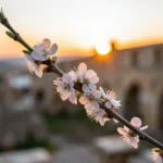 Vara de amendoeira florescendo ao amanhecer, simbolizando a promessa divina.