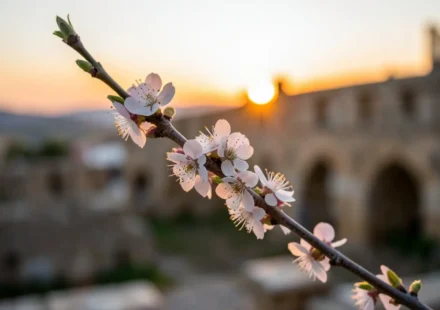 Vara de amendoeira florescendo ao amanhecer, simbolizando a promessa divina.