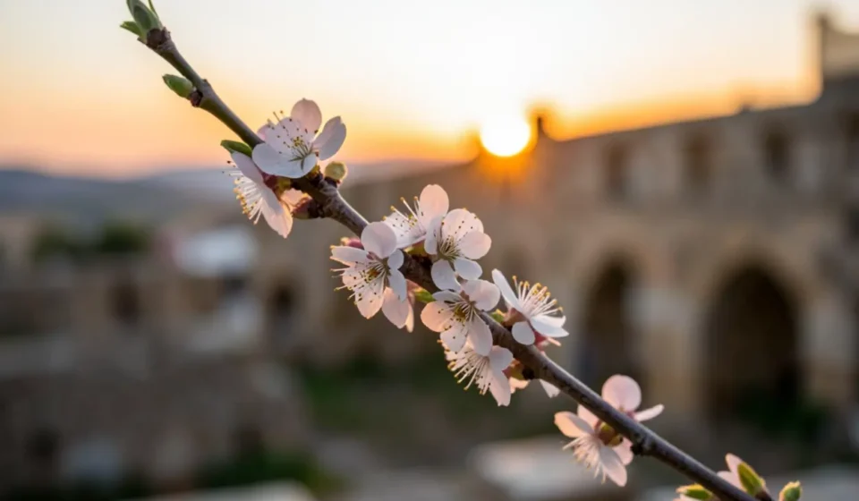 Vara de Amendoeira em Jeremias 1:11: O Segredo da Promessa Divina Vara de amendoeira florescendo ao amanhecer, simbolizando a promessa divina.