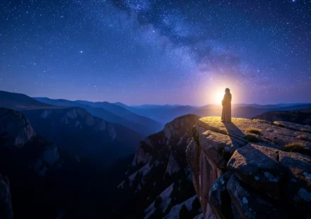 A Soberania Divina: O Significado Profundo de Salmo 121:4 Paisagem noturna com figura vigilante simbolizando a proteção divina.
