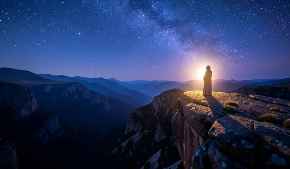 Paisagem noturna com figura vigilante simbolizando a proteção divina.
