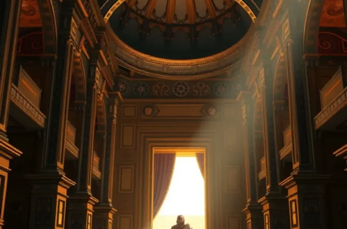 O Rei Salomão diante do Templo ricamente decorado com ouro.