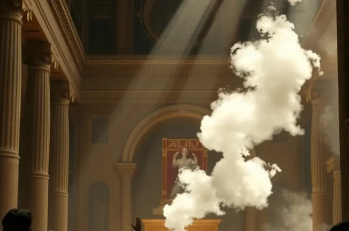 O Rei Salomão orando no centro do Templo com a presença divina descendo.