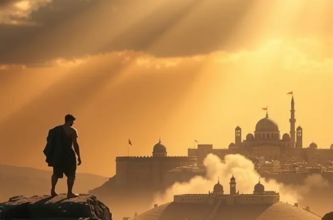 Josué observando as muralhas de Jericó ruindo sob uma luz divina.