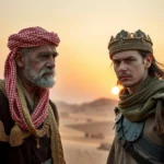 Dois líderes militares antigos, Abner e Joabe, em confronto sob o pôr do sol.