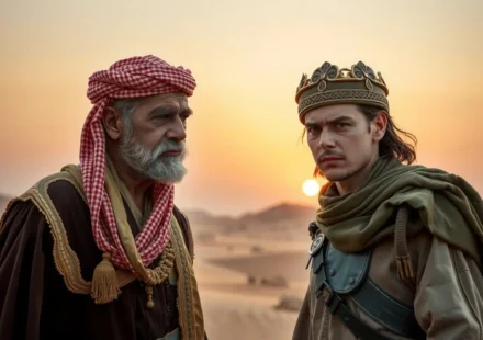 2 Samuel 3: Abner e Joabe – A Complexidade da Vingança e Lealdade Dois líderes militares antigos, Abner e Joabe, em confronto sob o pôr do sol.