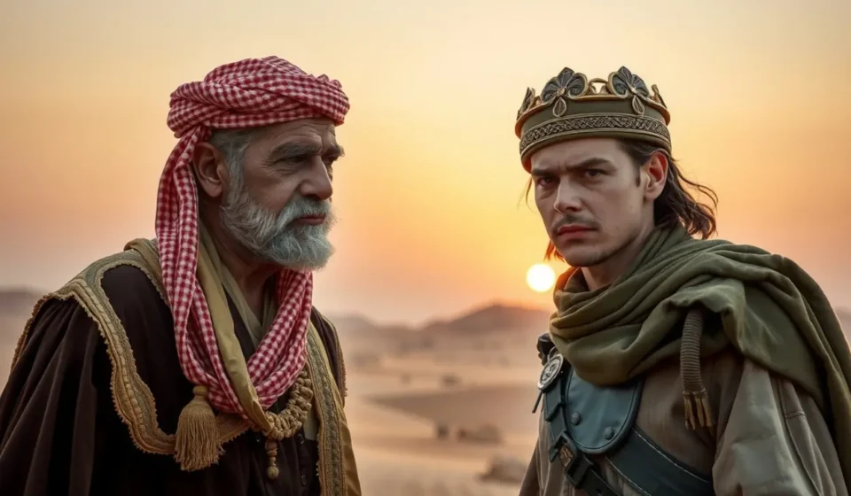 Dois líderes militares antigos, Abner e Joabe, em confronto sob o pôr do sol.
